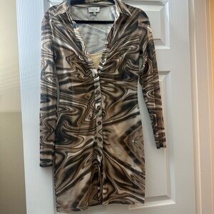 Brown Marble-Print Button-Front Women’s Dress